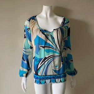 Emilio Pucci silk slong sleeve blue top IT 38/US 2-4